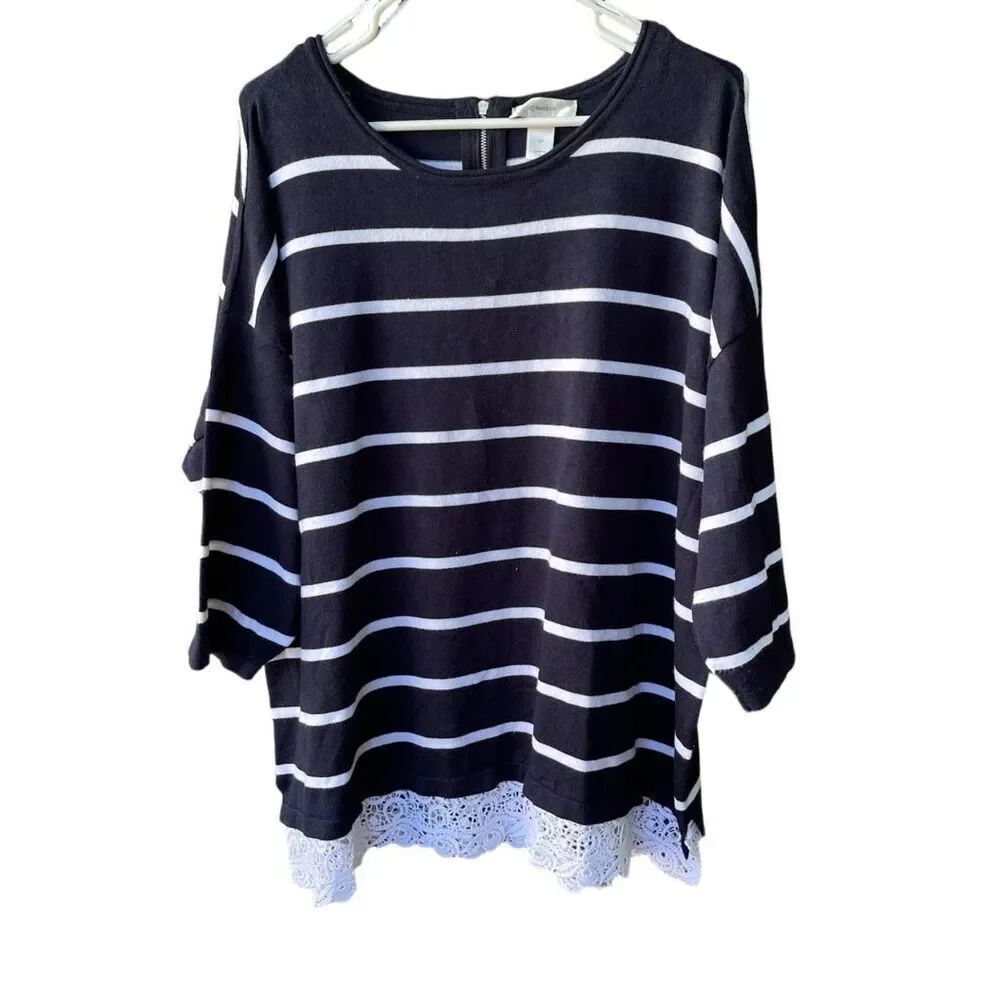 Cj Banks size 2X striped  lace hem back zipped sweater  tunic